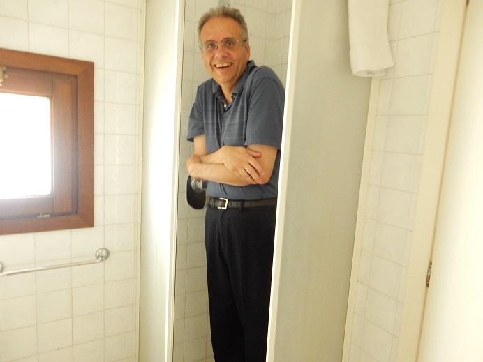 Rome - family vacation - June 2015 (284) - Dave standing in shower in our hotel room